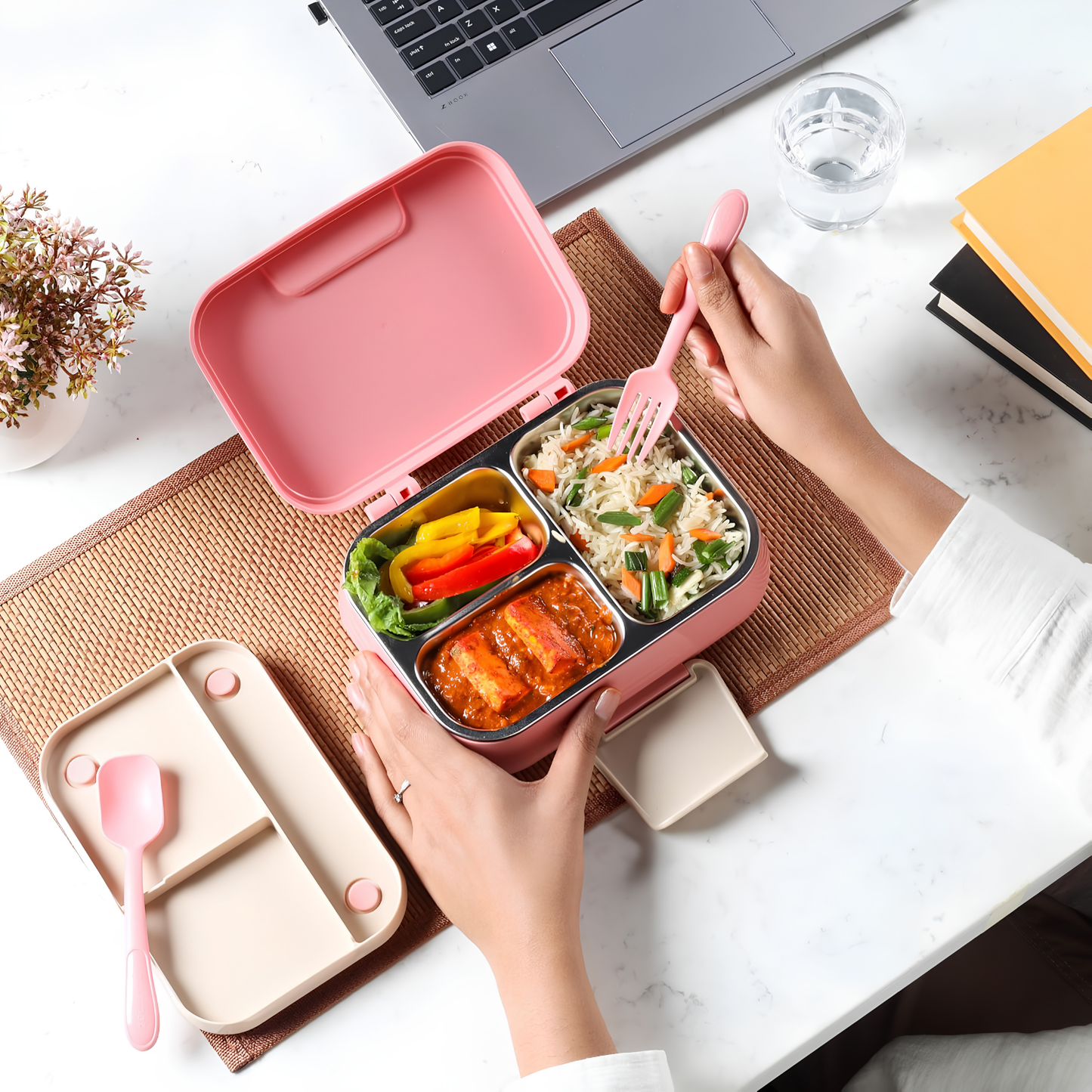 CELLO Pioneer Inner Steel Insulated Lunch Box with Fork & Spoon, | Food Grade 3 Inner Steel Compartment, Leak Proof Sturdy Clip Lock Tiffin Box | Insulated Lunch Box For School Kids, Office Use