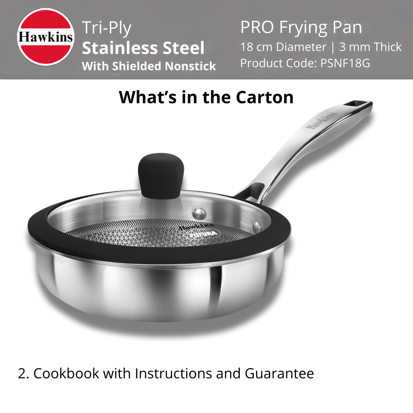 HAWKINS 18 cm Tri-ply Shielded Stainless Steel Non-Stick Pro Frying Pan | Induction & Gas Compatible | Even Heating | with Glass Lid | Silver (PSNF18G)