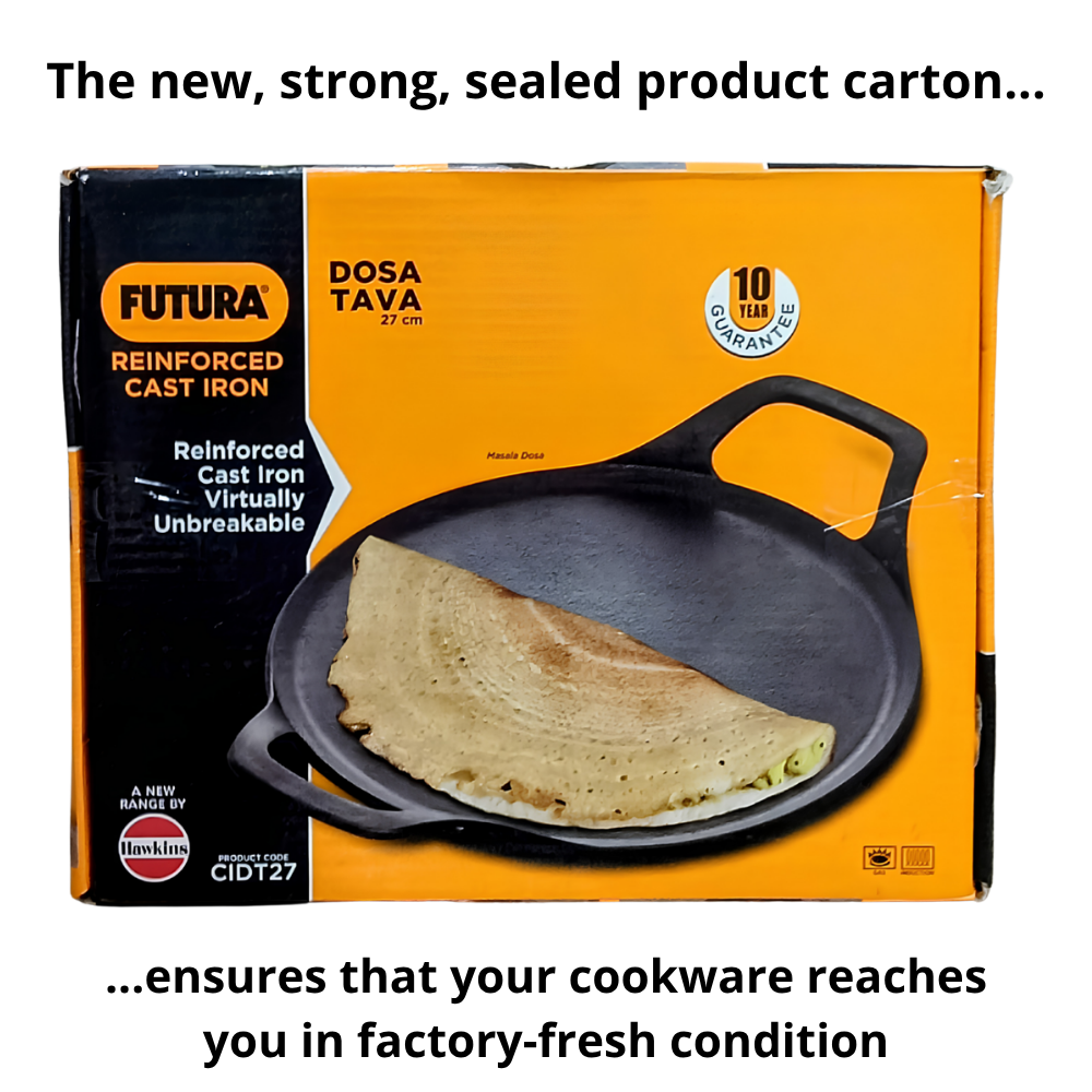 FUTURA By HAWKINS Reinforced Cast Iron Flat Tava 27 cm (CIDT27) | For Dosa, Uttapam, Chila, Tikki | Domestic Gas, Halogen, Ceramic, Induction Cooktop Compatible