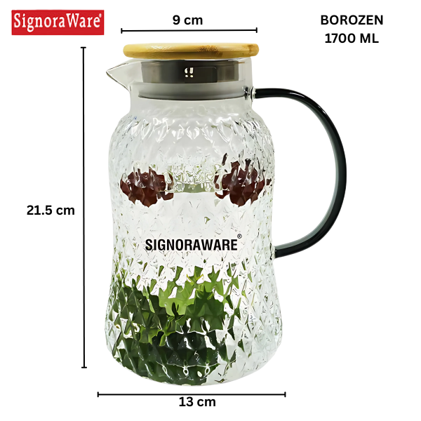 SIGNORAWARE BoroZen Borosilicate Glass Jug with Bamboo Lid | 1700 ML