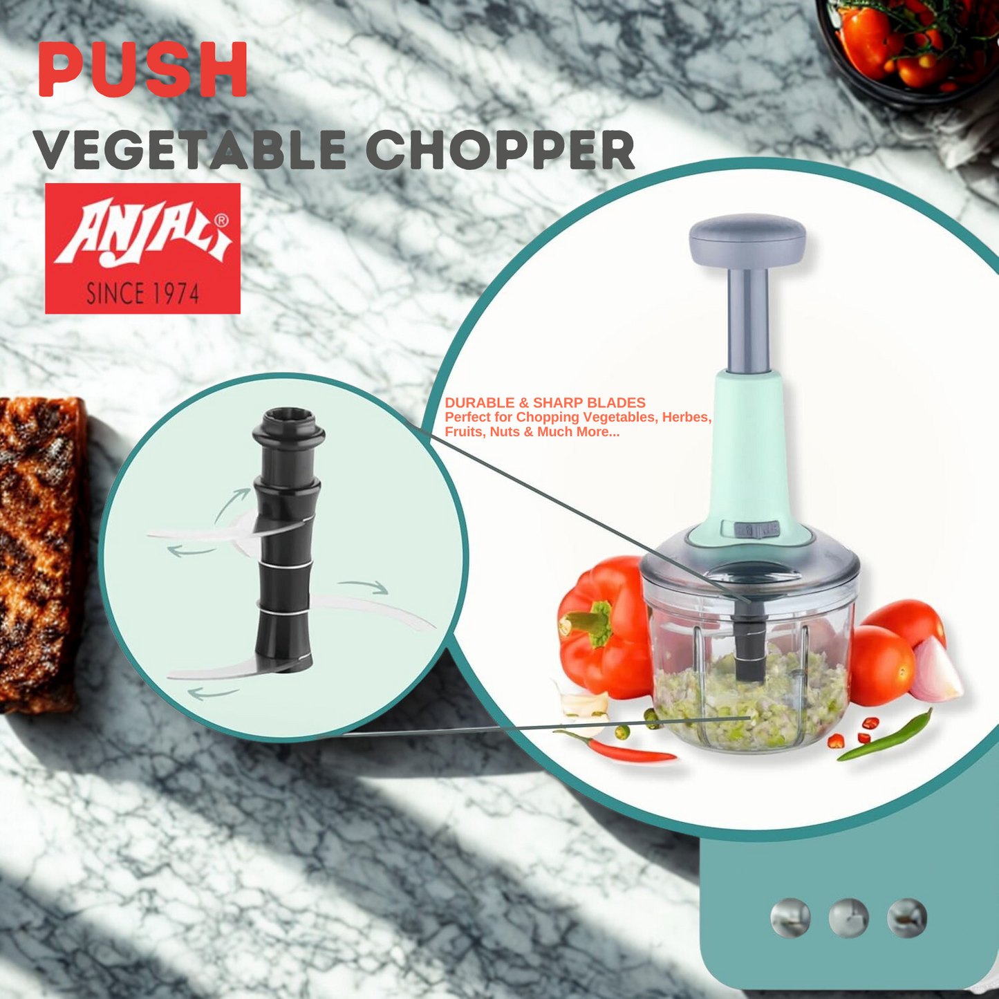 ANJALI Push & Chop Deluxe Round | Vegetable Chopper | Manual