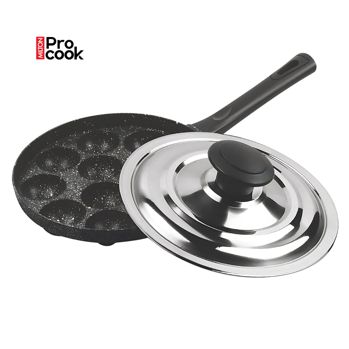 MILTON Pro cook Granito Non-Stick Appam Patra Cookware 12 Cavities, Paniyaram Pan with Stainless Steel Lid, Appe Maker, Black