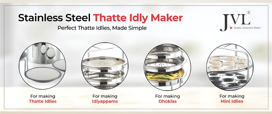 JVL Stainless Steel Full Set Thatte Idly, Idiyappam / Idla / Mini Idli / Dhokla Maker / Steamer