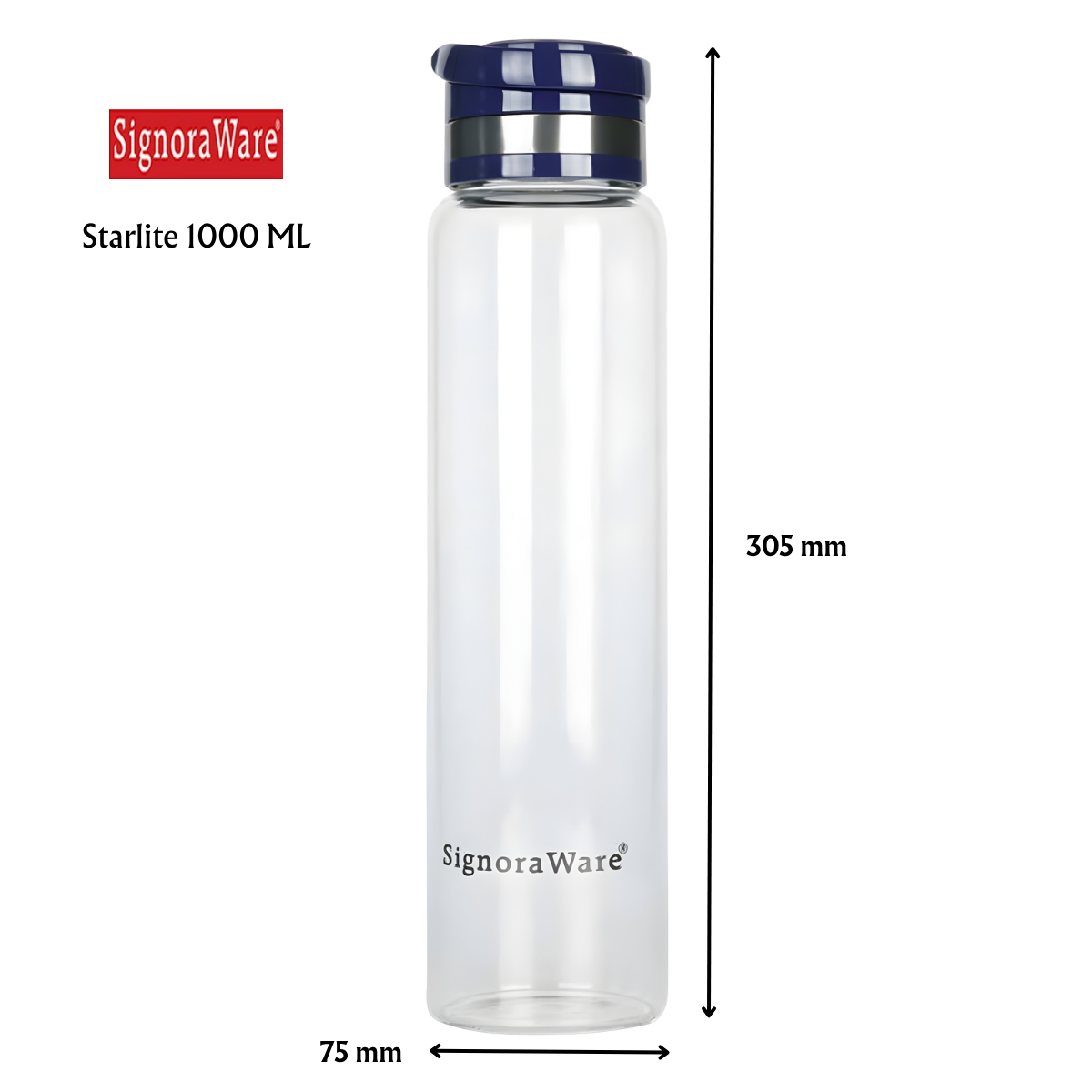 SignoraWare Starlite Borosilicate Light Weight Glass Water Bottle with Screw Cap (With Holding Ring) | Leak Proof Transparent (1 Ltr, Set of 1, Clear)