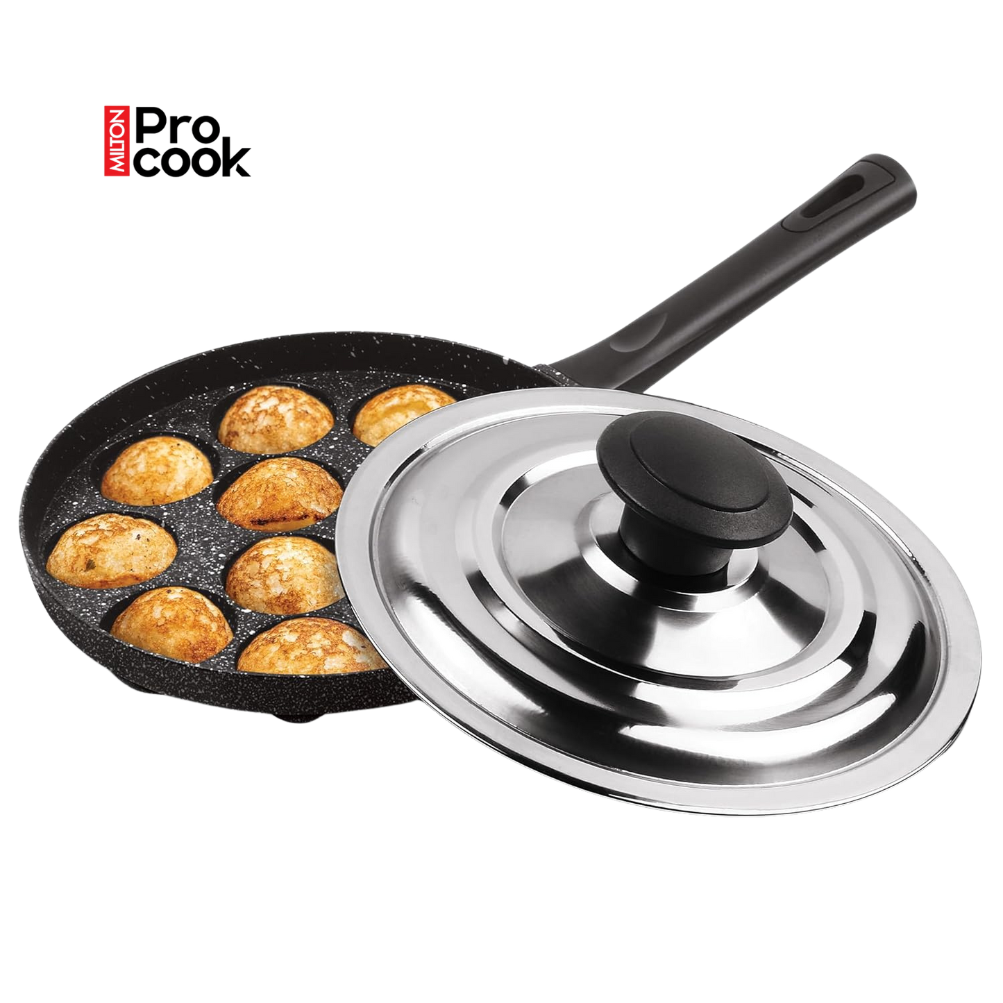 MILTON Pro cook Granito Non-Stick Appam Patra Cookware 12 Cavities, Paniyaram Pan with Stainless Steel Lid, Appe Maker, Black