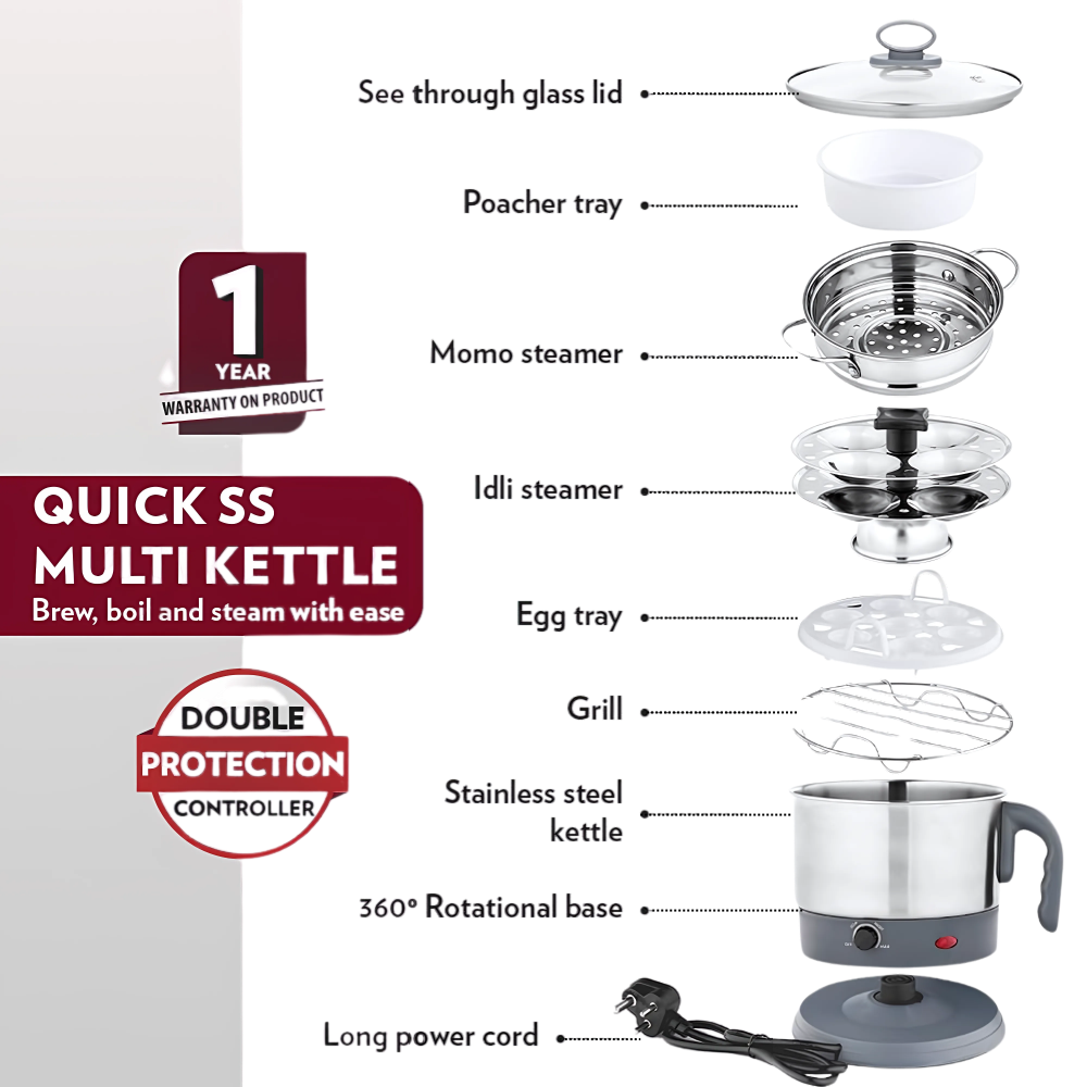 BOROSIL Quick Multipurpose Electric Kettle, 1.3 Ltr