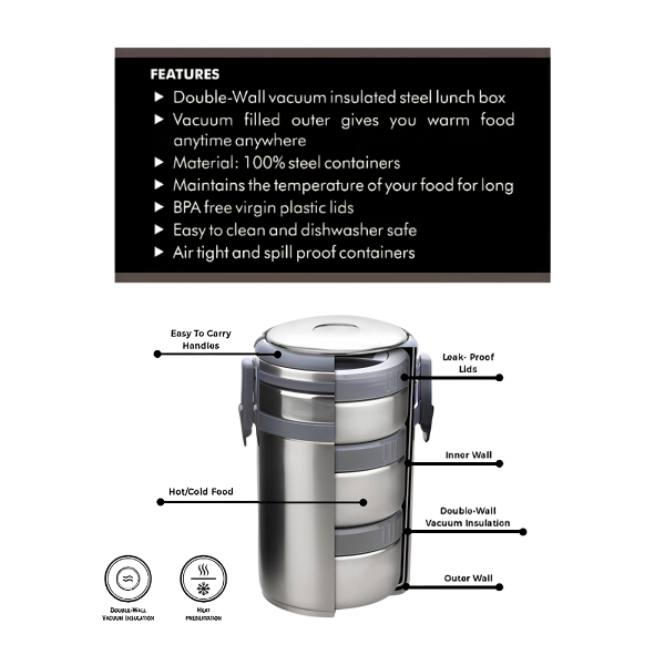 SIGNORAWARE Signature Double Wall Vacuum Insulated Stainless Steel Lunch Box (Big) with BAGMAT, Set of 3 SS Containers, 500 ml x 2 + 400 ml x 1, Silver