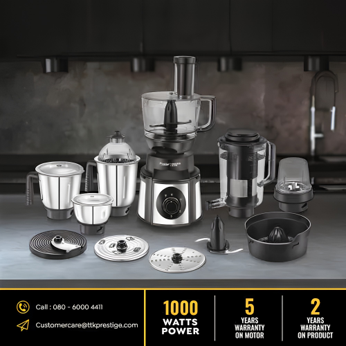 PRESTIGE Endura Pro 1000 Watt Multi-Functional Mixer Grinder | Heavy-Duty Ball Bearing Copper Motor | 6 Jars with Food Processing Attachments | 14 Functions in One | 5Y Motor Warranty