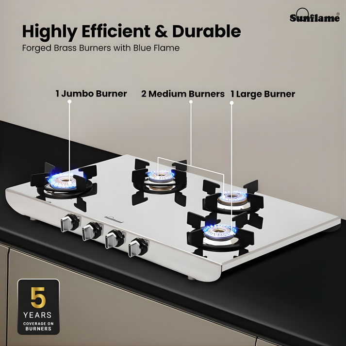 SUNFLAME HERCULES 4 Burner Manual SS Gas Stove (ISI Certified, Stainless Steel)