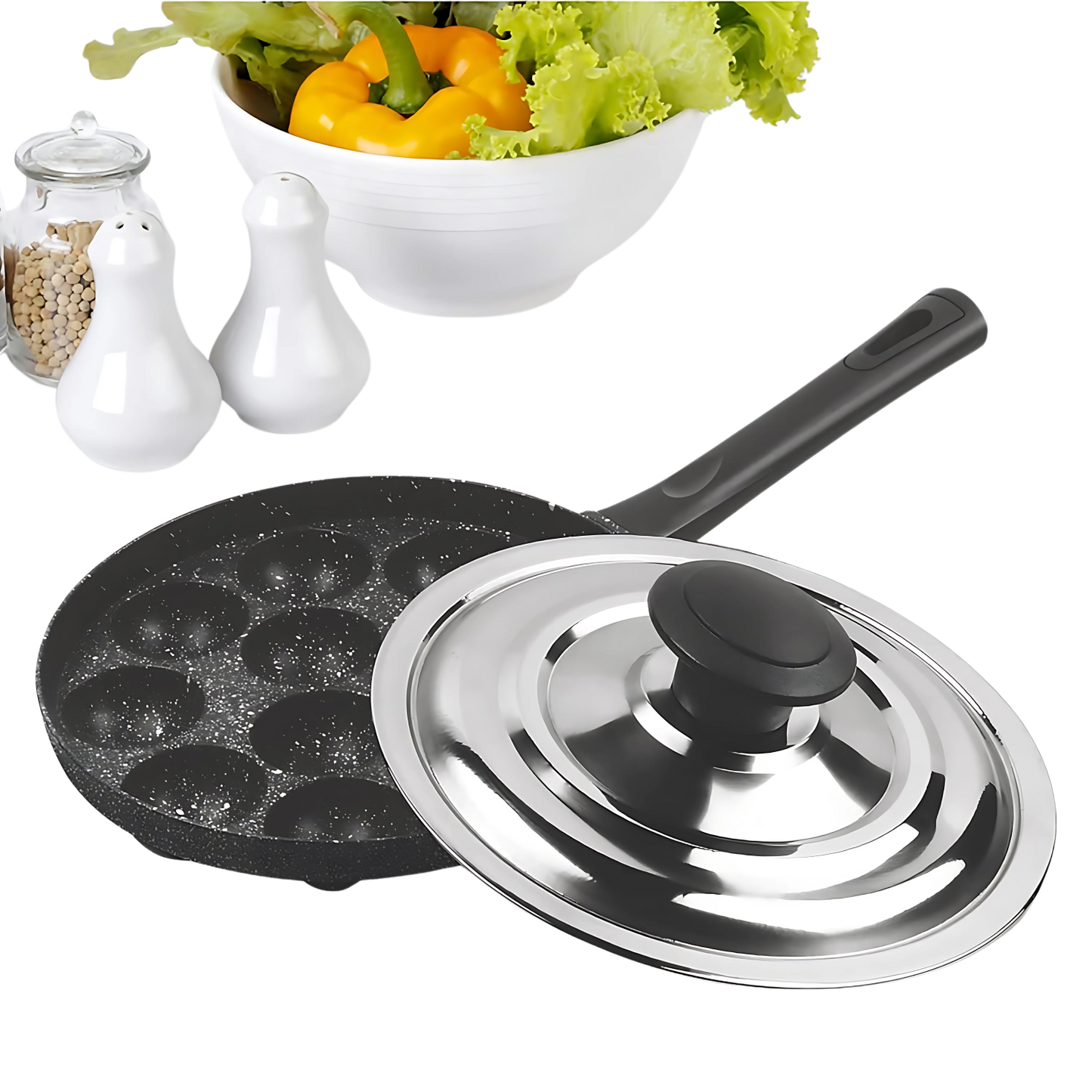 MILTON Pro cook Granito Non-Stick Appam Patra Cookware 12 Cavities, Paniyaram Pan with Stainless Steel Lid, Appe Maker, Black
