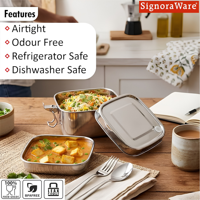 SIGNORAWARE All Steel Square Lid Range Steel Container with Plate | Silicone Seal to Prevent Leakage | Smart Vent Silicone to Release Air | Perfect for All Types of Food | Easy to Carry