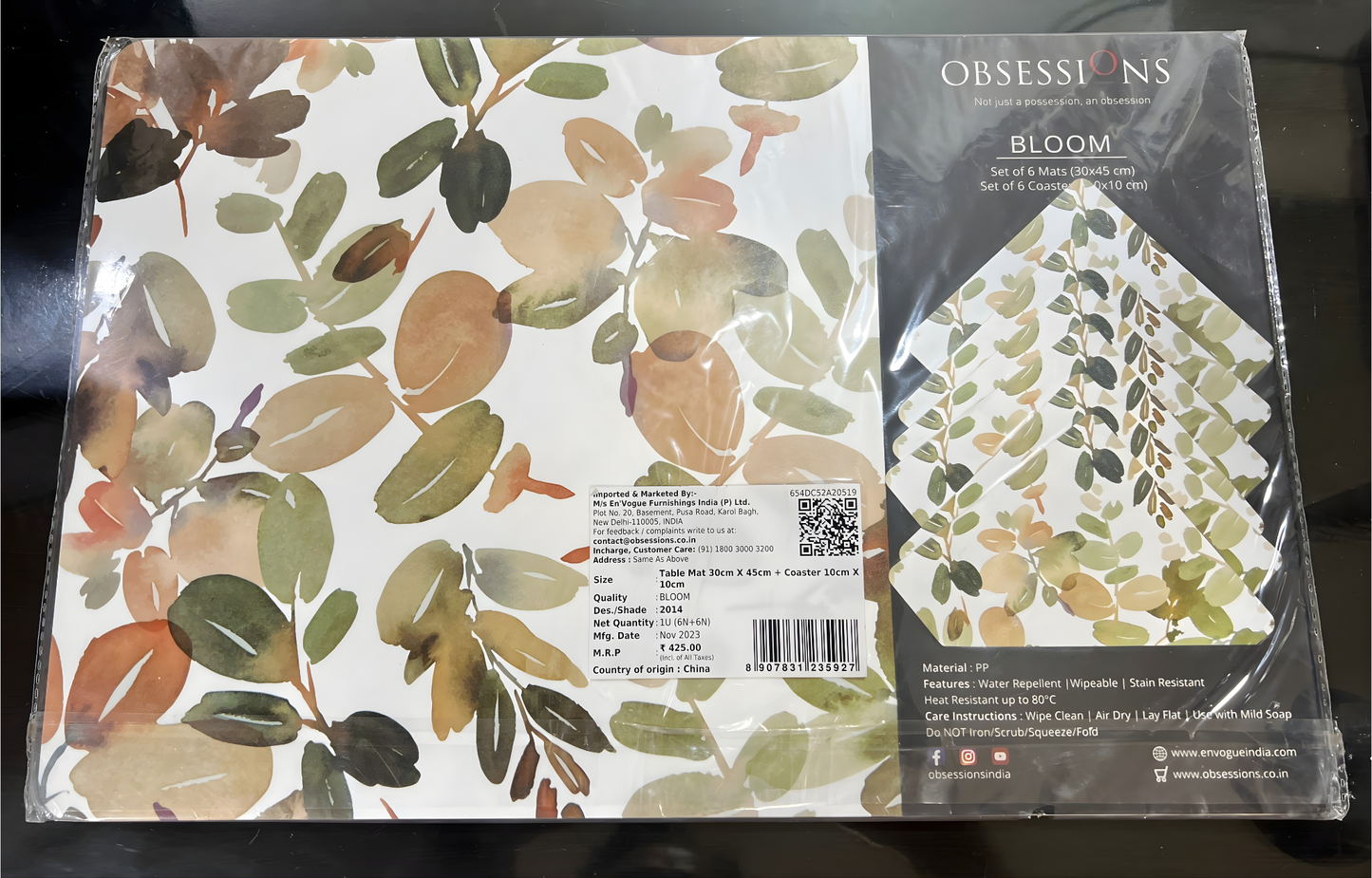 OBSSESSION Bloom Printed Table Mat White and Brown | 6 Mats + 6 Coasters | Premium