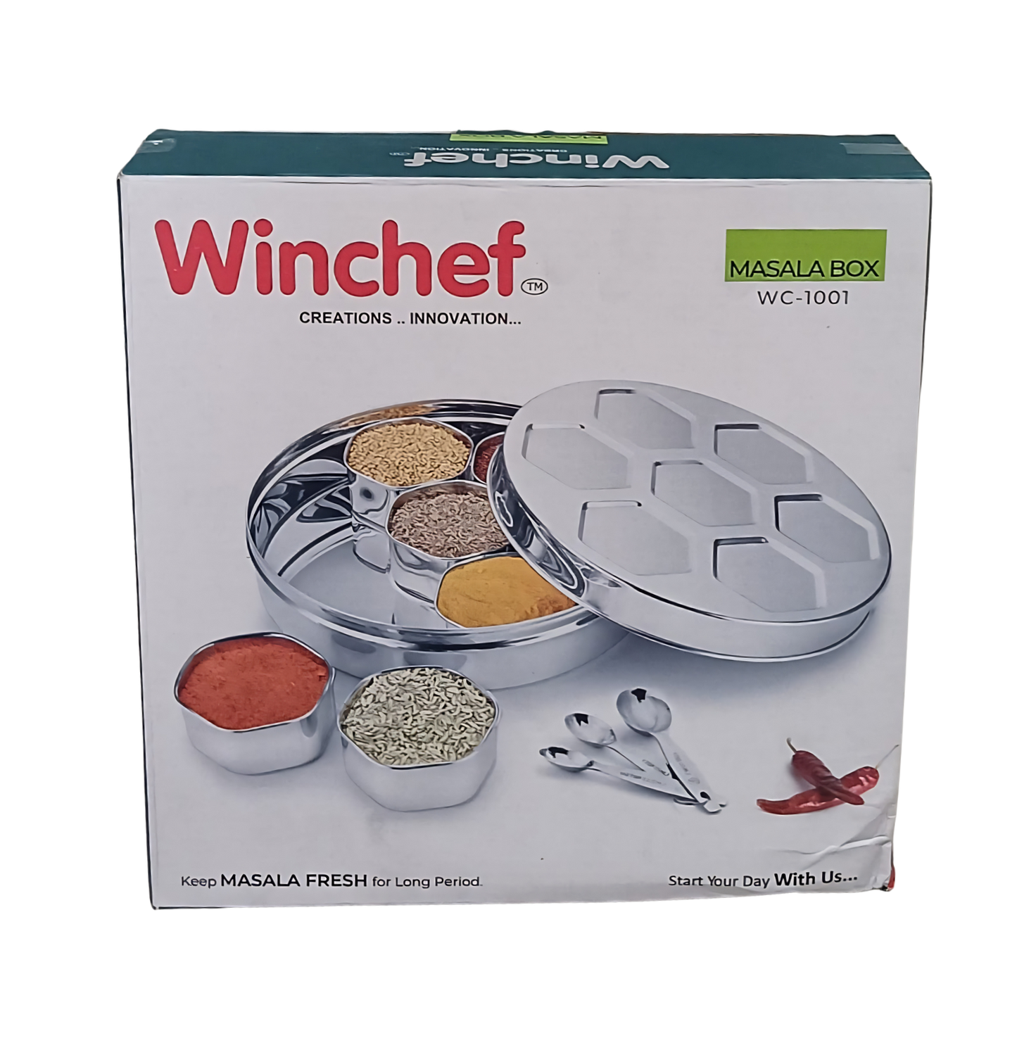 WINCHEF Premium Stainless Steel Masala Box With See Thru Lid | WC-1001 Plus | Dia 24 cm | 7 Octagonal Cups | 3 Spoons | Home & Kitchen