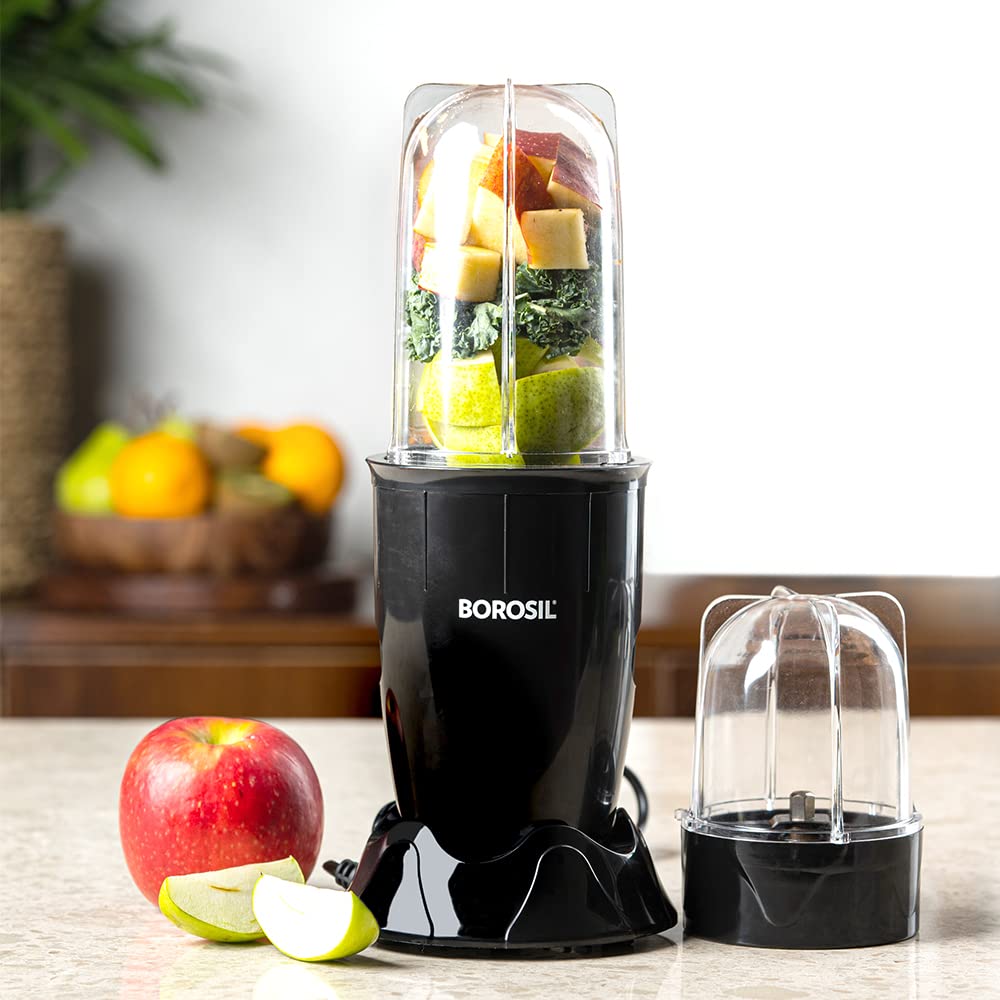 Borosil NutriFresh Portable Mini-Blender Grinder,For Blending Smoothies Chutneys, Dry Grinding Spices, Black, 400 W
