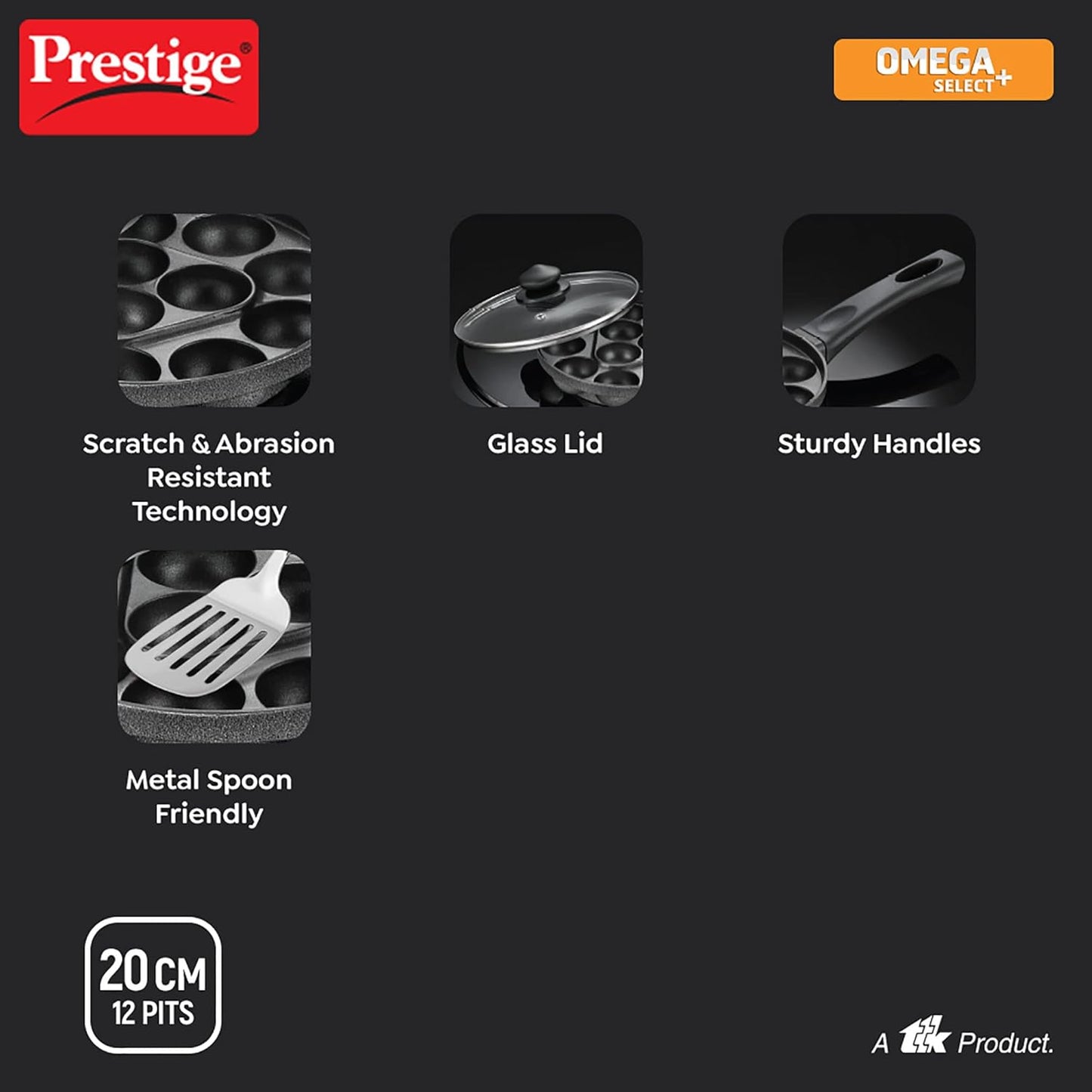 PRESTIGE Nonstick Omega Select Plus Paniyarakkal 20 cm | Appe Pan | with Glass Lid | 12 Pits