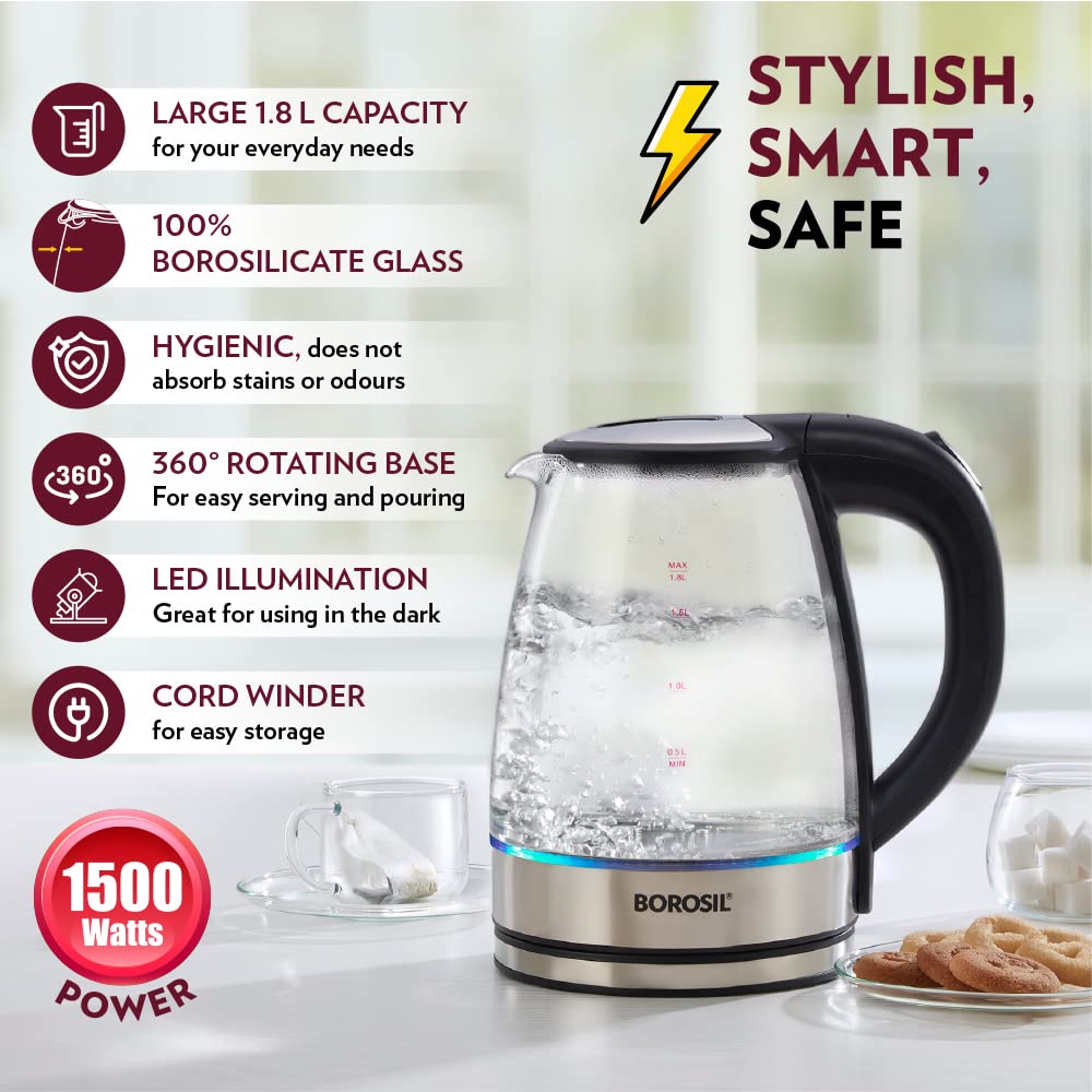 BOROSIL Electric Glass Kettle, 1.8 LTR