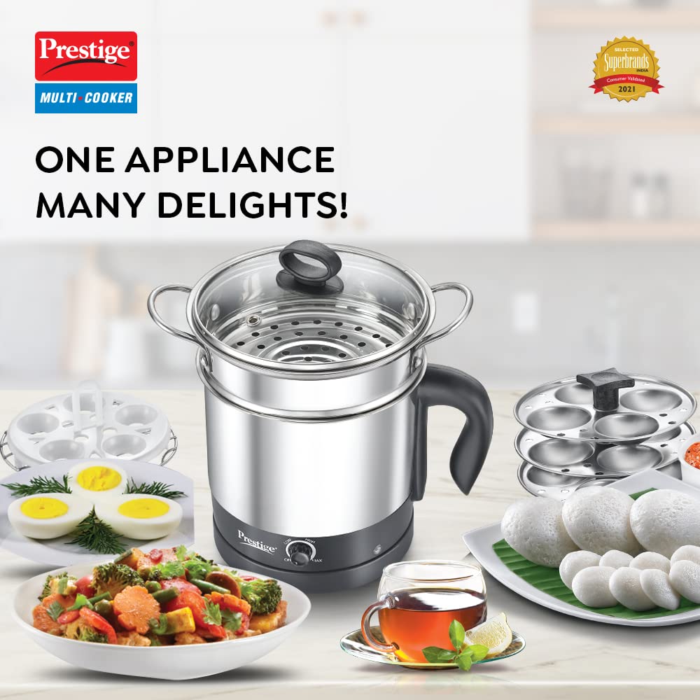 Prestige 1.5L PMC 3.0 Plus | Multi Kettle/Multi Cooker| With Idli Stand, Egg Boiling Rack & Steamer| Glass Lid with SS Rim - Premium Multi Cooker from Prestige - Just Rs. 1999! Shop now at Surana Sons