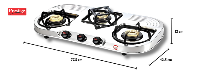 PRESTIGE Royal Stainless Steel Duplex 3 Burner Gas Stove | Extra Wide Body | Spill-proof Design | Brass Burners | Taller Legs | 2 Year Warranty