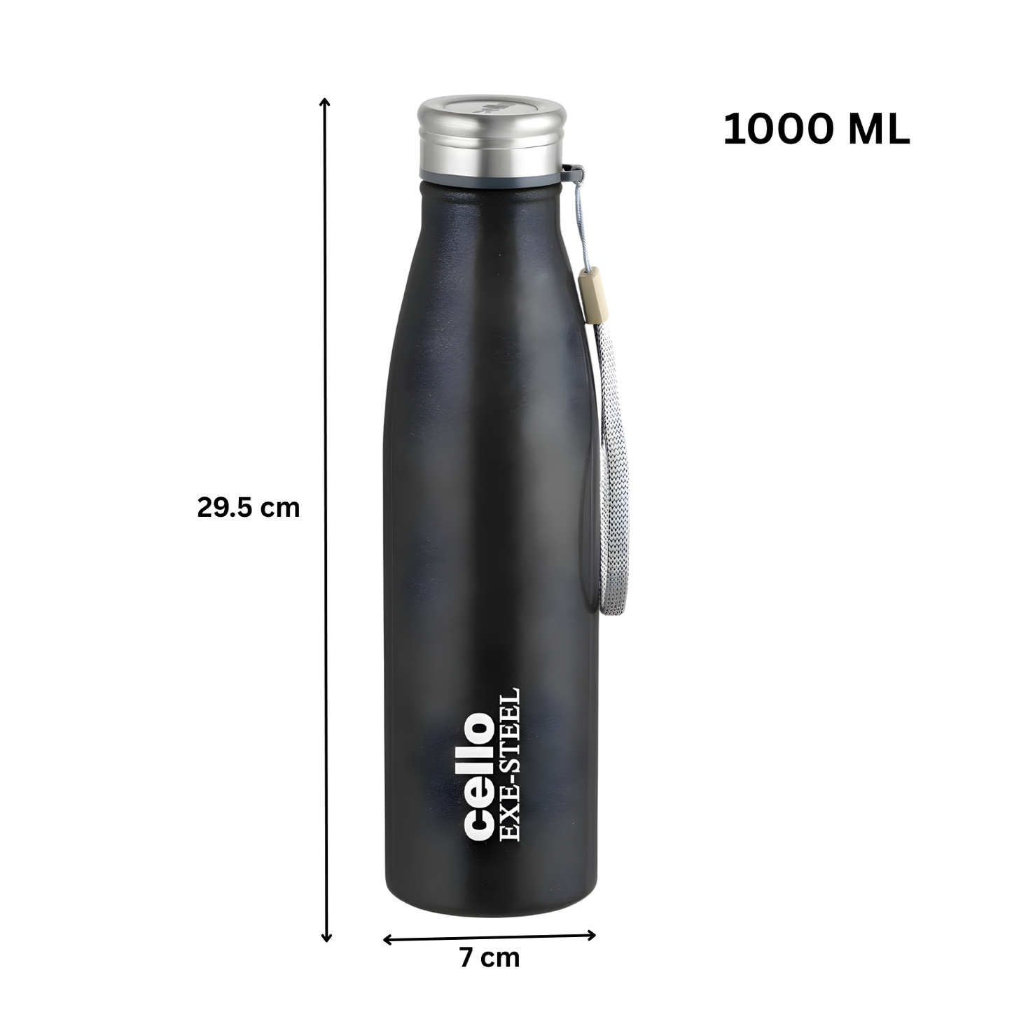 CELLO Zupp 1000 Stainless Steel Water Bottle 1000 ML Black | ISI Certified Single Wall Rust & Leakproof Fridge Safe Water Bottle |