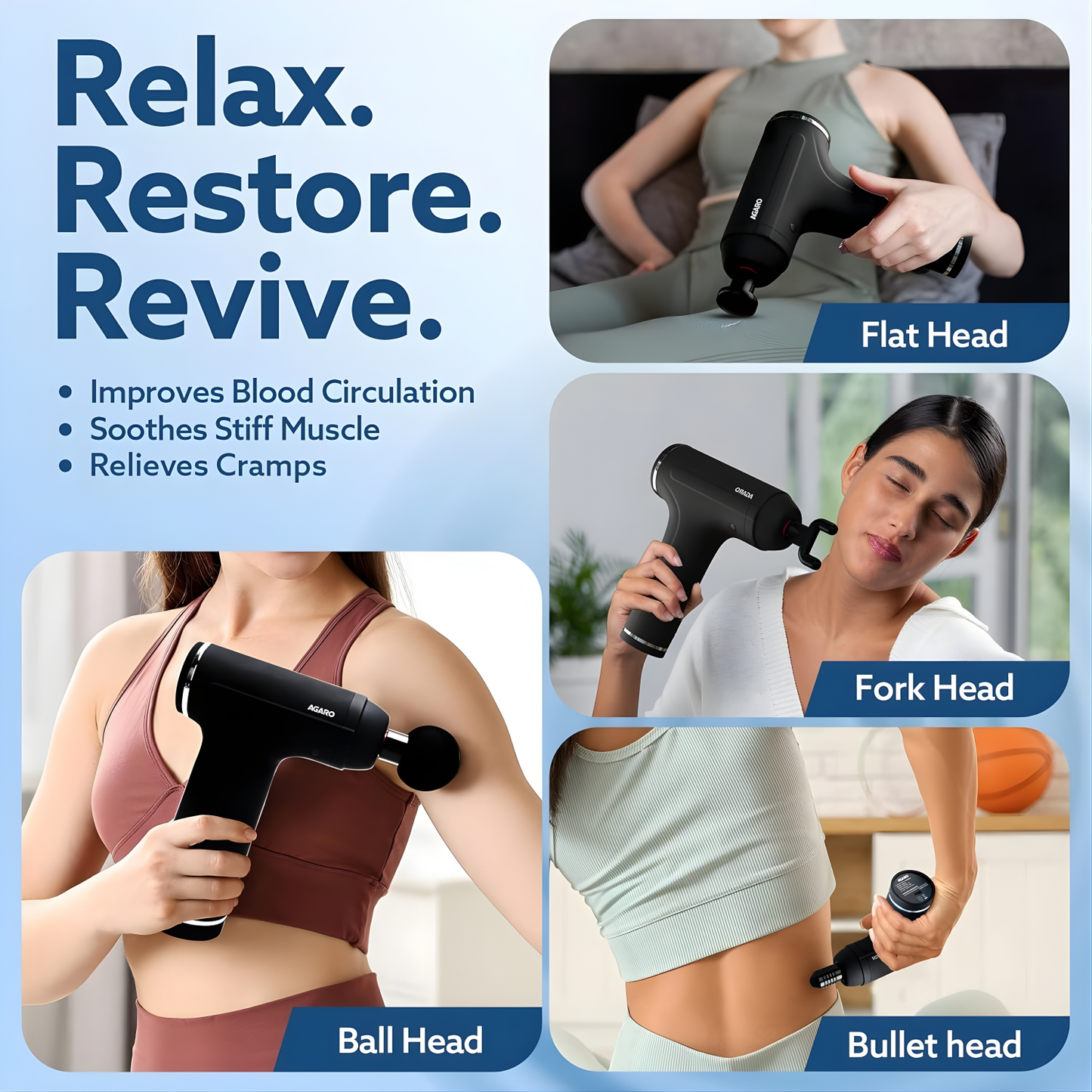 AGARO Galaxy Gun Massager, 4 Heads, 6 Speed, Rechargeable, Handheld, Acupressure, Muscle Massager for Full Body Relief, Muscle Relaxation of Neck, Shoulder, Back, Foot for Men & Women, Black.