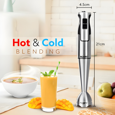 AGARO Regency Hand Blender, 600 W, Variable Speed Modes & Speed Regulator, Stainless Steel Blades, Mixing, Blending, Whisking, Low Noise