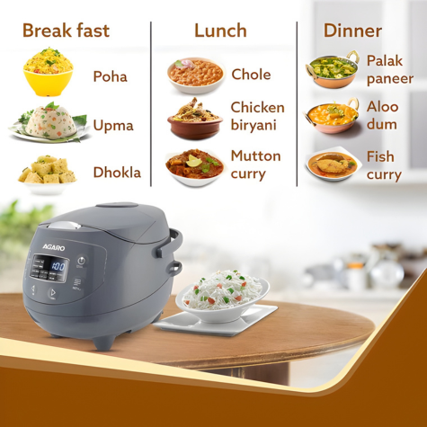 AGARO Imperial Electric Rice Cooker - 2L - Grey | 8 Preset Cooking Function | Advanced Fuzzy Logic | 24Hrs Keep Warm Function | 350 W