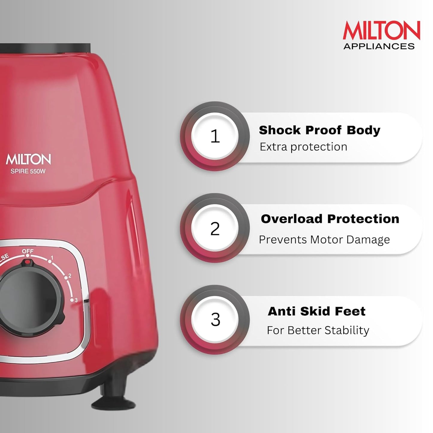 MILTON Spire Mixer Grinder, ISI Certified, Grindstone Blade Technology | 550 W | 3 Jar