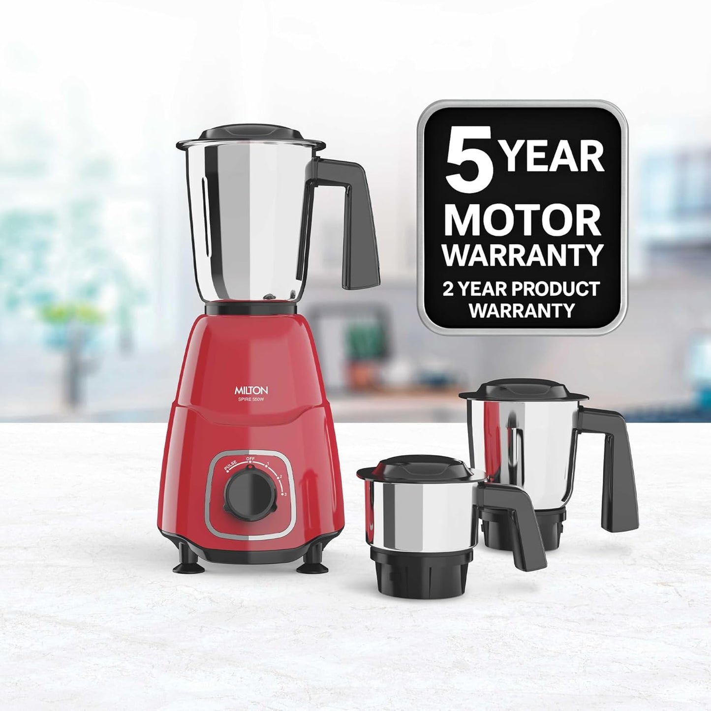 MILTON Spire Mixer Grinder, ISI Certified, Grindstone Blade Technology | 550 W | 3 Jar