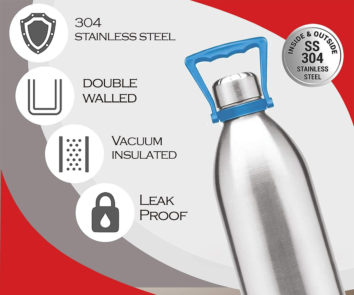 Milton Duo 2000 (1860 ML) Thermosteel 24 Hours Hot and Cold Water Bottle with Handle, 1 Piece, 1.86 Litres, Silver | Leak Proof | - Premium Hot & Cold Steel Vacuum Bottles from Milton - Just Rs. 1720! Shop now at Surana Sons