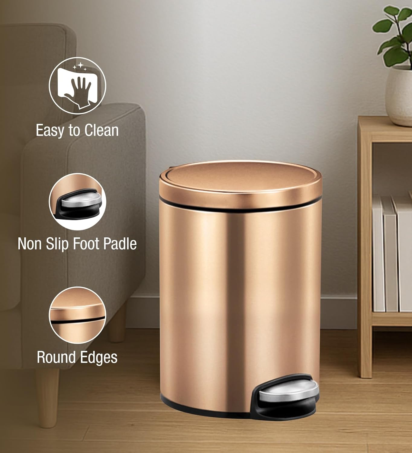 OBSESSIONS EKO Soft-Close Trash Can – 5L Stainless Steel Pedal Bin with Lid & Liner, Elegant Bronze Copper | Home & Kitchen