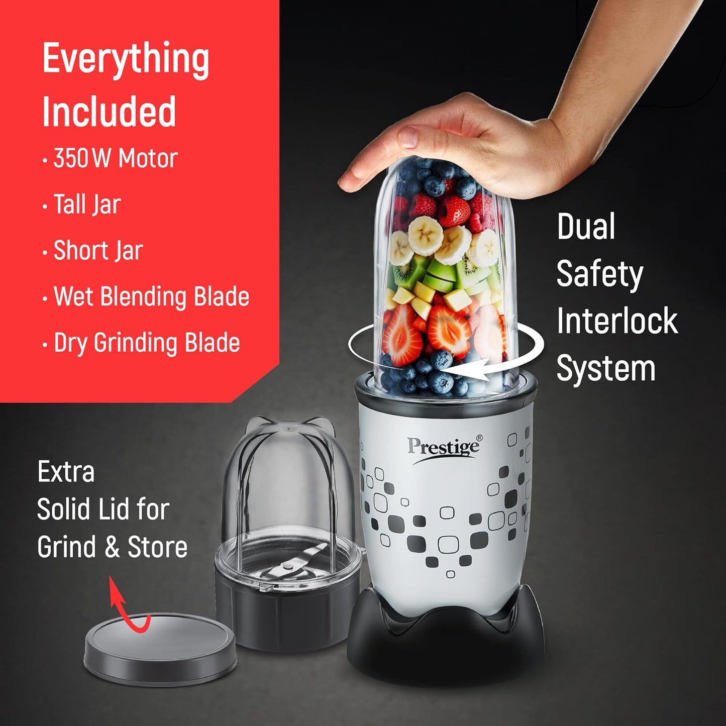 PRESTIGE 350 Watts Nutri-Mix 2.0 Mixer Grinder with 2 Jars | Compact Design | Multipurpose Jars | Inter-Lock System