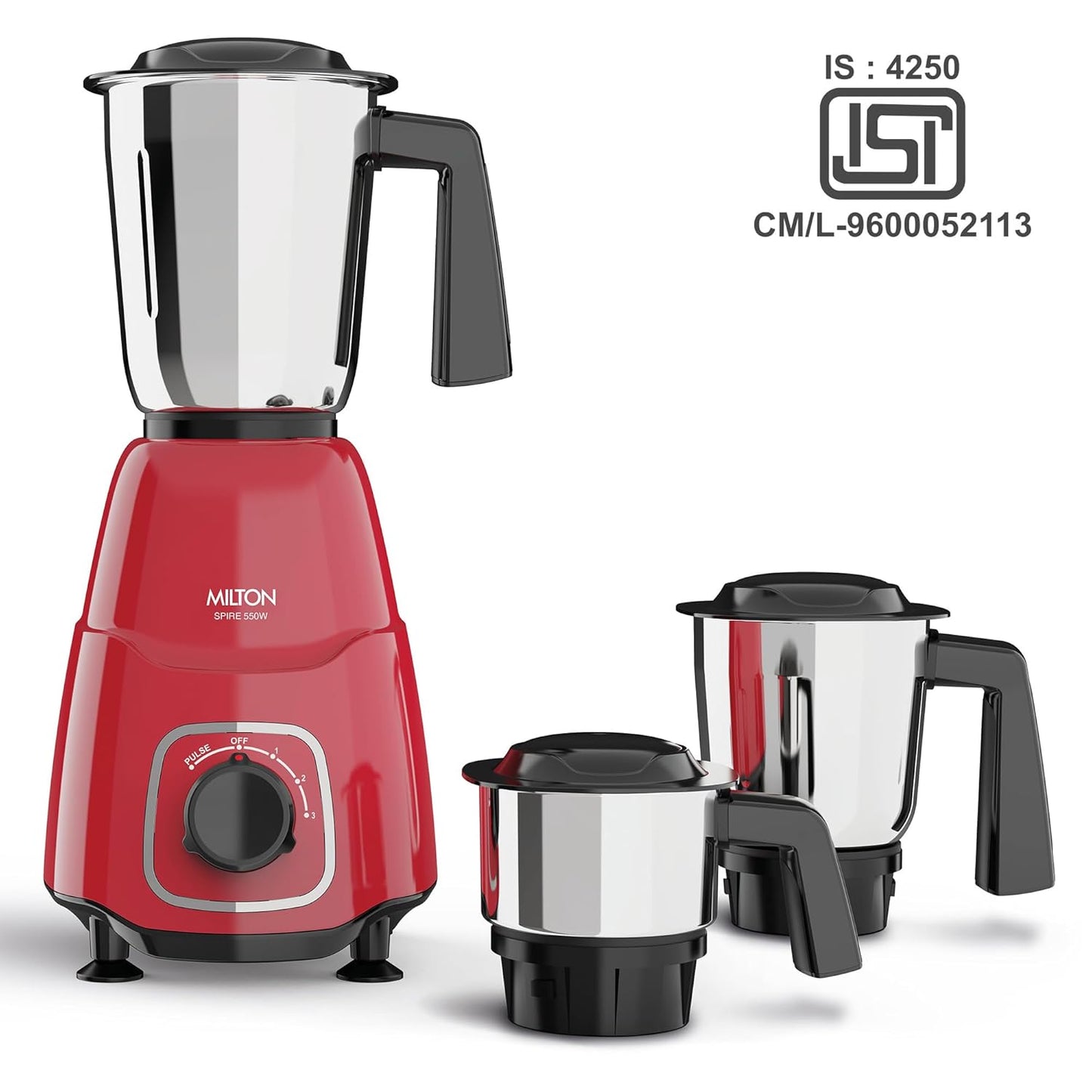 MILTON Spire Mixer Grinder, ISI Certified, Grindstone Blade Technology | 550 W | 3 Jar