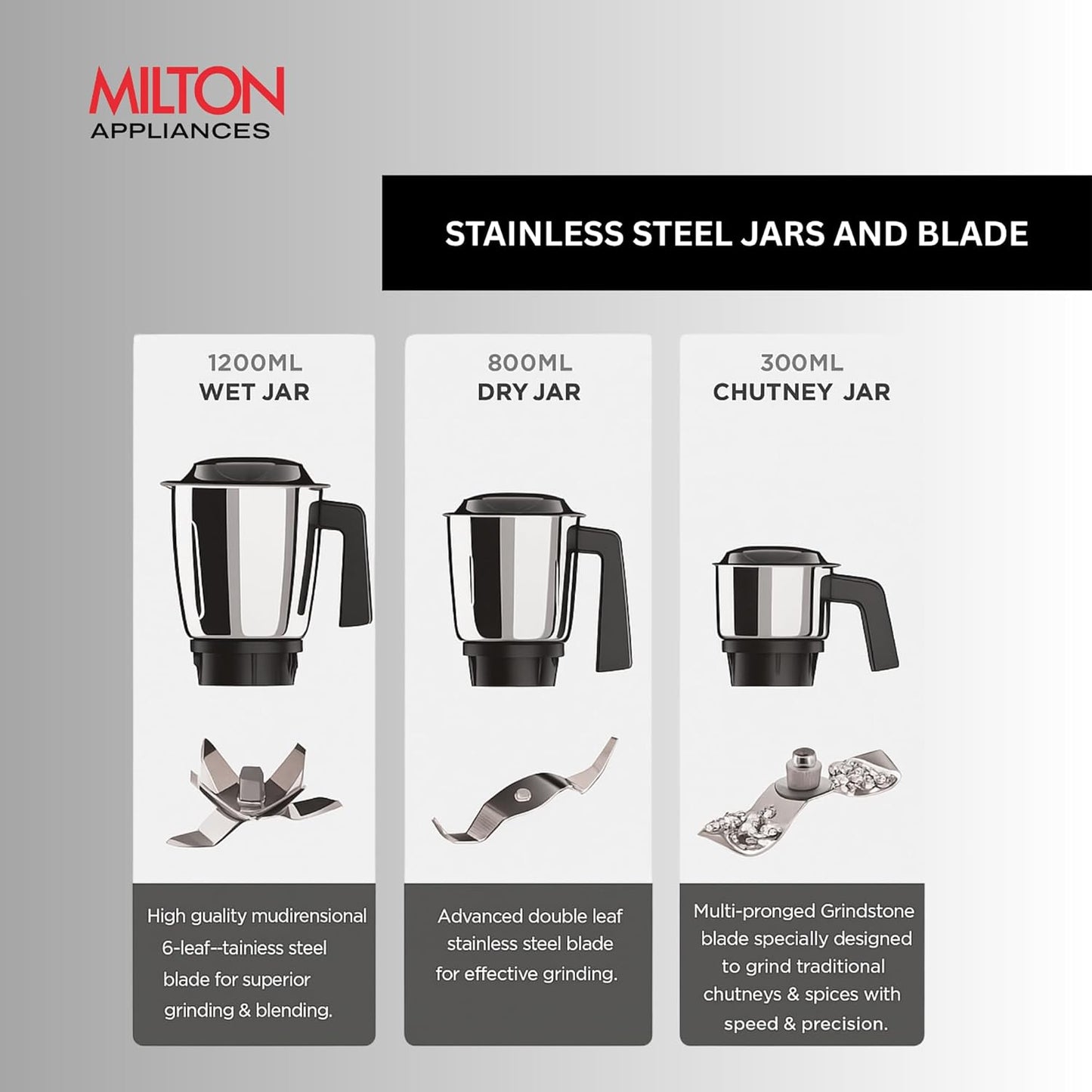 MILTON Spire Mixer Grinder, ISI Certified, Grindstone Blade Technology | 550 W | 3 Jar