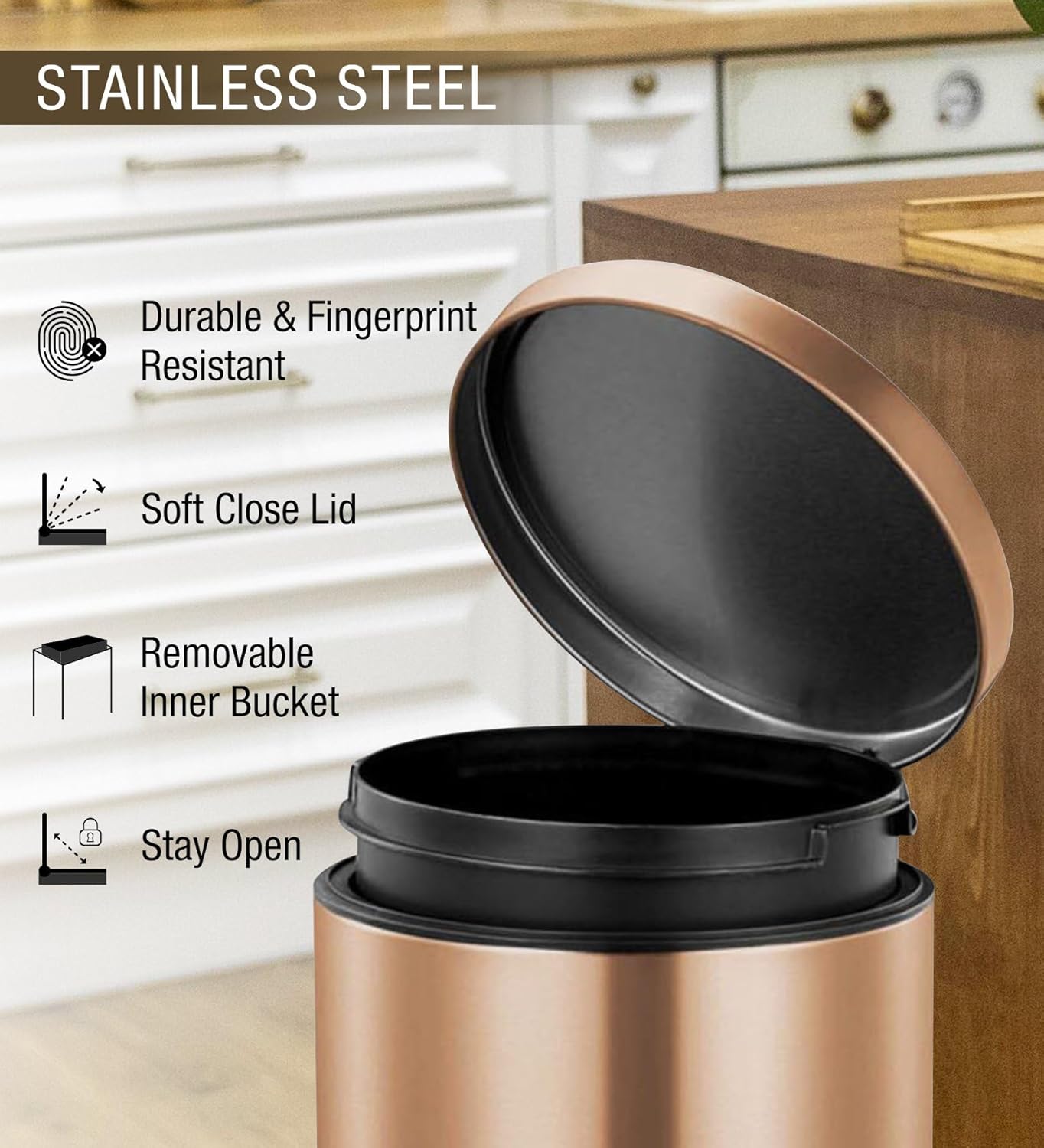 OBSESSIONS EKO Soft-Close Trash Can – 5L Stainless Steel Pedal Bin with Lid & Liner, Elegant Bronze Copper | Home & Kitchen