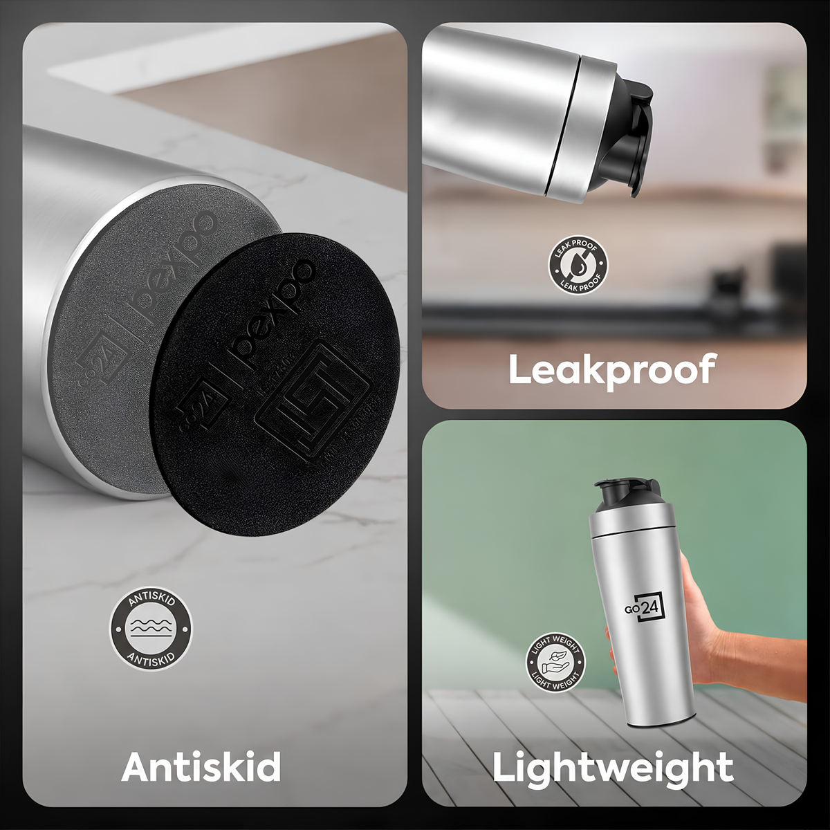 GO24 PEXPO Stainless Steel Gym Shaker Bottle Kayo Plus Silver 800ml | Lightweight single-wall water bottle with leakproof lid, BPA-free, ideal for school, office, gym, travel & daily hydration