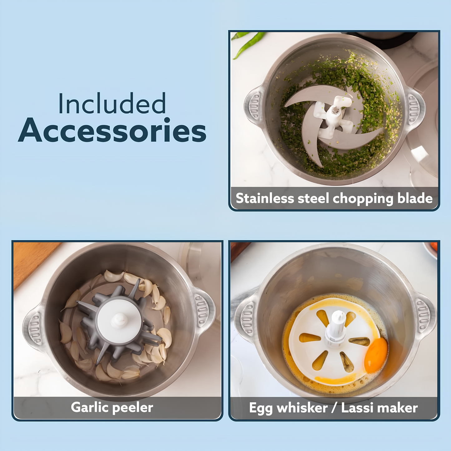 AGARO Delite Vegetable, Meat & multipurpose Chopper Cum Whisker for Kitchen | Garlic Peeler | Egg Whisker, 2 Ltr Bowl | 400 W Motor | 3 Speed | Stainless Steel Body