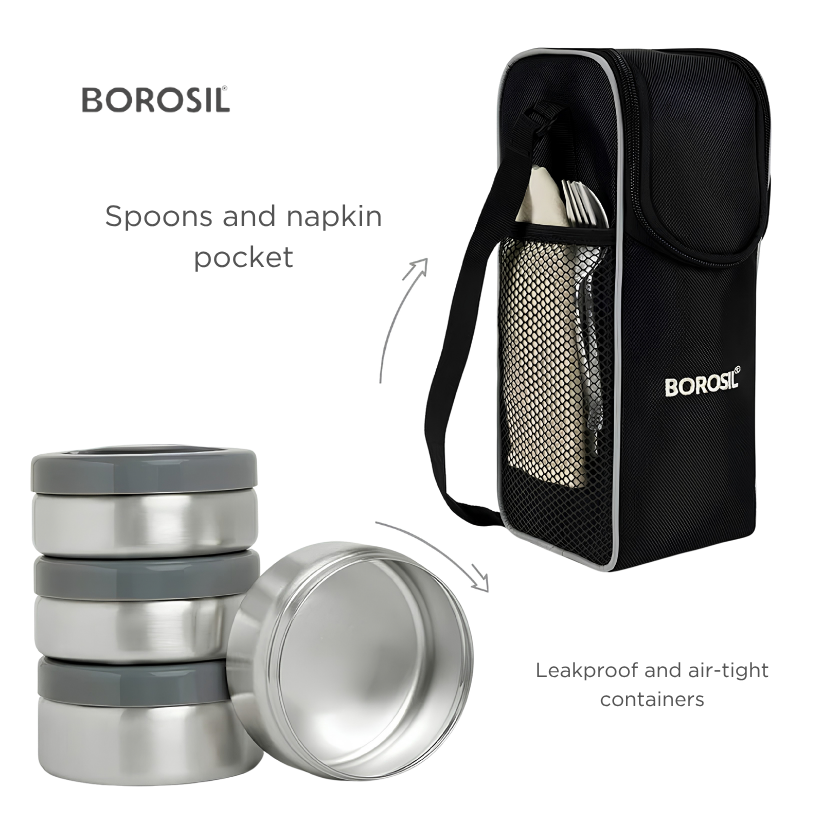BOROSIL Hot-N-Fresh Stainless Steel Insulated Lunch Box, 3 Containers (1pcs 360 ml + 2pcs 410 ml), Grey