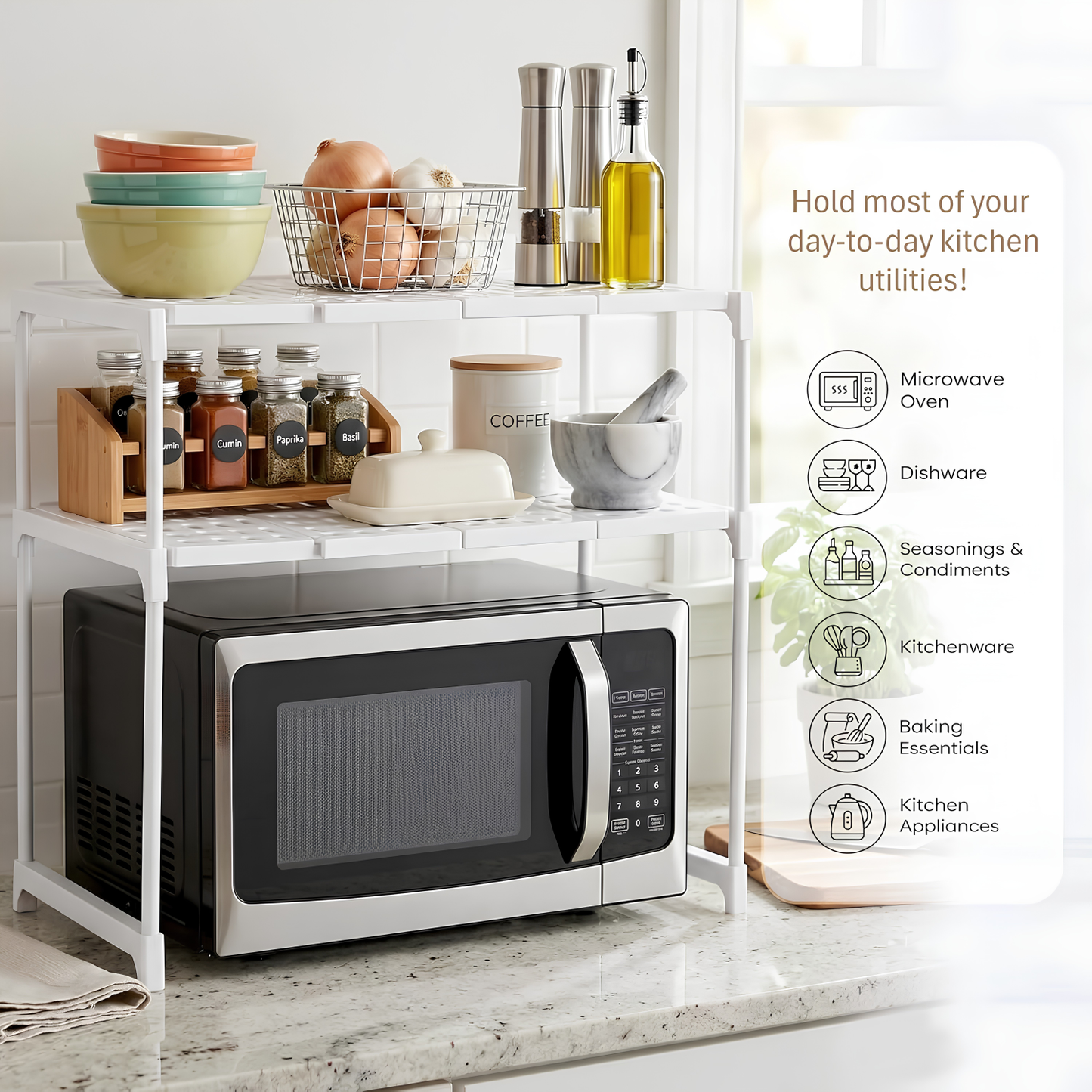 NAYASA Multifunctional Microwave Oven Stand | 2-Tier Heavy-Duty Kitchen Rack | Stainless Steel Rod Organizer Shelf | Space-Saving Storage for Microwave, Oven & Kitchen Essentials | White