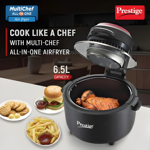 Prestige Multi-Chef All-in-One Air Fryer | 80% less Oil Consumption | 6.5 Ltr Capacity | 1200 Watts Power | Fry, Toast, Grill | See Through Lid | Advance Digital Display | Even Heat Distribution | Black