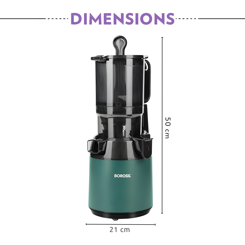 BOROSIL Borosil Vita Rich Slow Juicer | 250 Watts, 1.5 Ltr Wide Mouth Hopper | 1 Ltr Jug & Pulp Collector with Anti Drip Tap | Reverse Function for Pulp Cleaner, Auto Cut-Off for Safety | 2 Years Warranty
