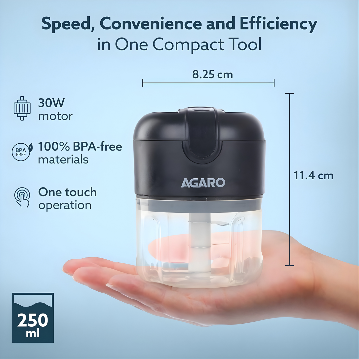 AGARO Elite Rechargeable Mini Electric Chopper, 250 ML, Black