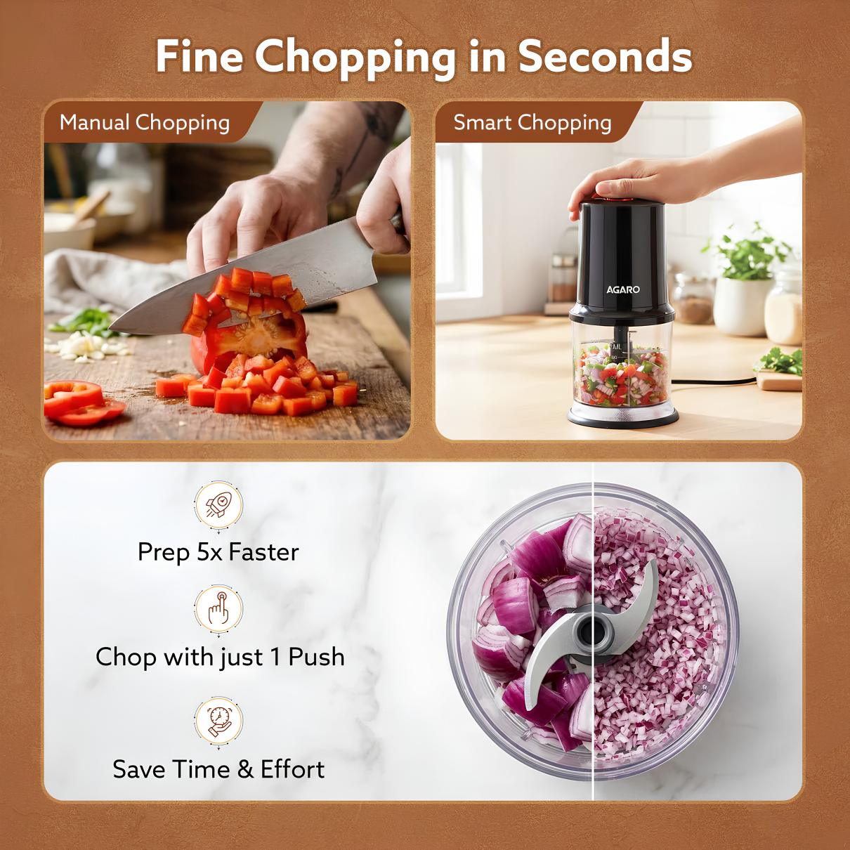 AGARO Elegant Vegetable Chopper | 100% Pure Copper Motor, Chop, Mince, Dice, Twin Stainless Steel Blade, 500 Ml, One Touch Operation, Elegant, Black.