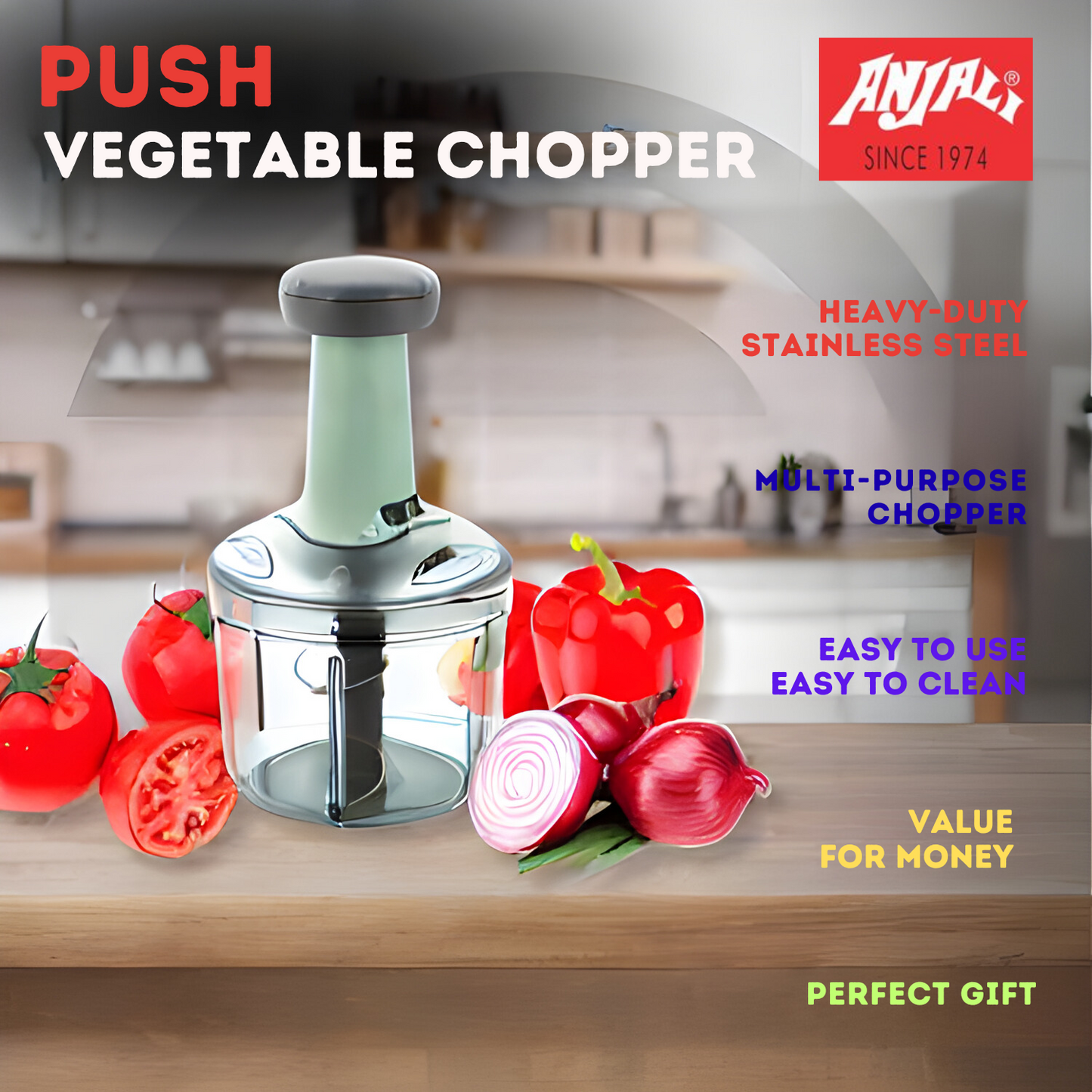ANJALI Push & Chop Deluxe Round | Vegetable Chopper | Manual