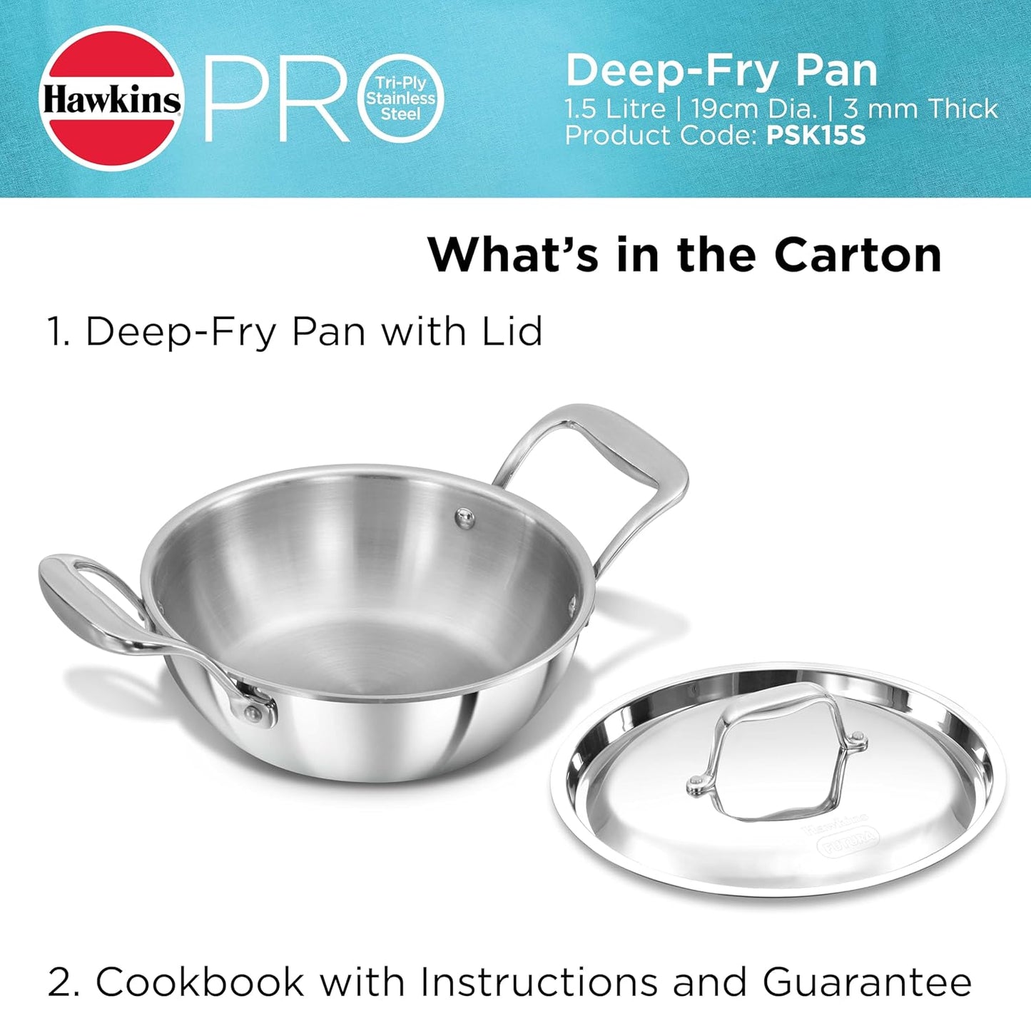 HAWKINS Pro Deep-Fry Pan | Triply Stainless Steel Kadhai with Steel Handles and Steel Lid | Silver