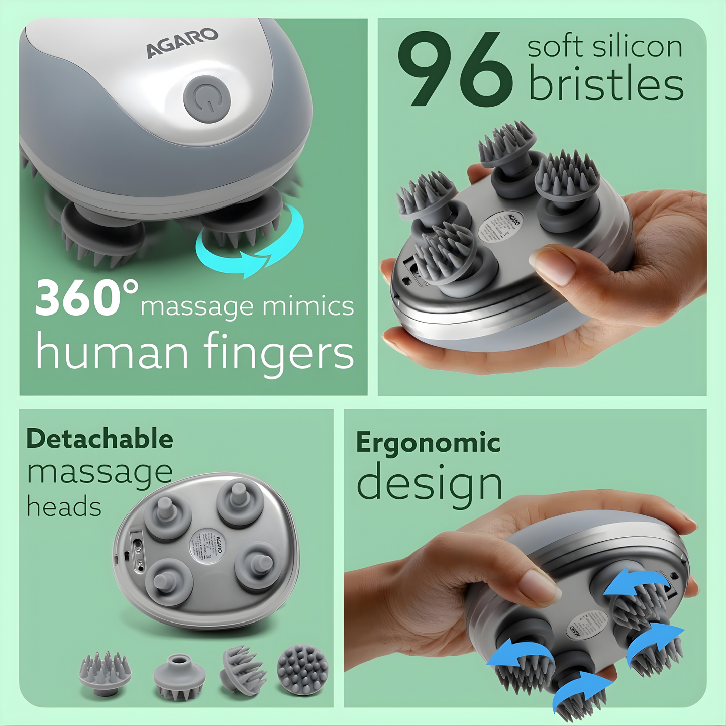 AGARO Scalp Massager, Rechargeable Electric Head Kneading Massager, 3 Speed Modes, Handheld Portable Head Scratcher Massager for Hair Growth, Deep Clean & Stress Relax, SM3675