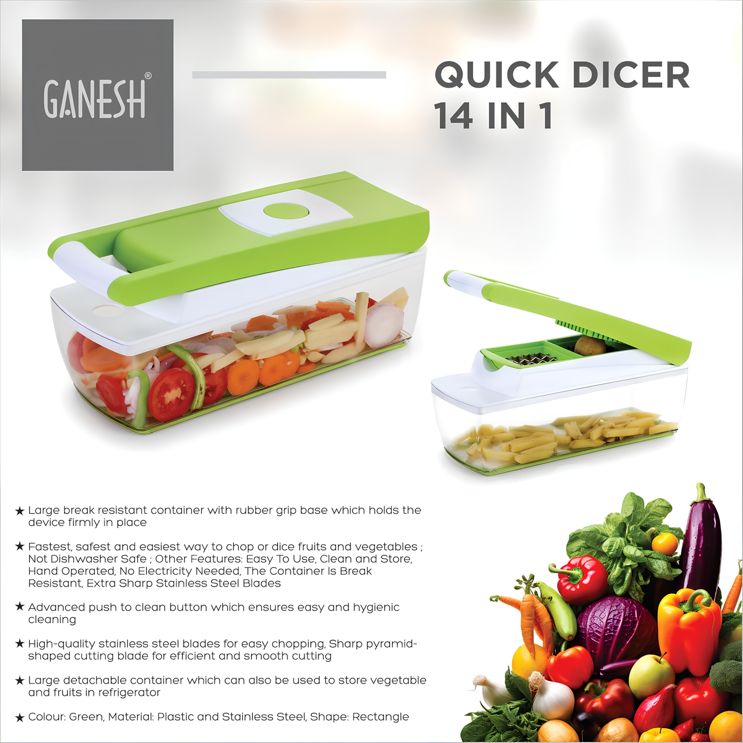 GANESH 14 in 1 Multipurpose Chopper, Fruits & Vegetable Cutters, Grater Peeler Chipser, Unbreakable Food Grade Body, Easy Push to Clean Button Slicer Dicer, Chopper for Kitchen (Green, Plastic)