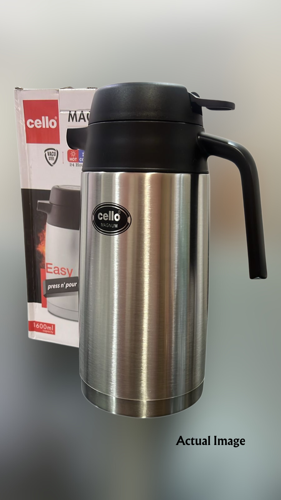 CELLO Magnum Stainless Steel Double Walled Vacuum Insulated with Handle 1600 ML, Silver | Hot & Cold | Easy to Carry Leakproof Tea/Coffee Flask