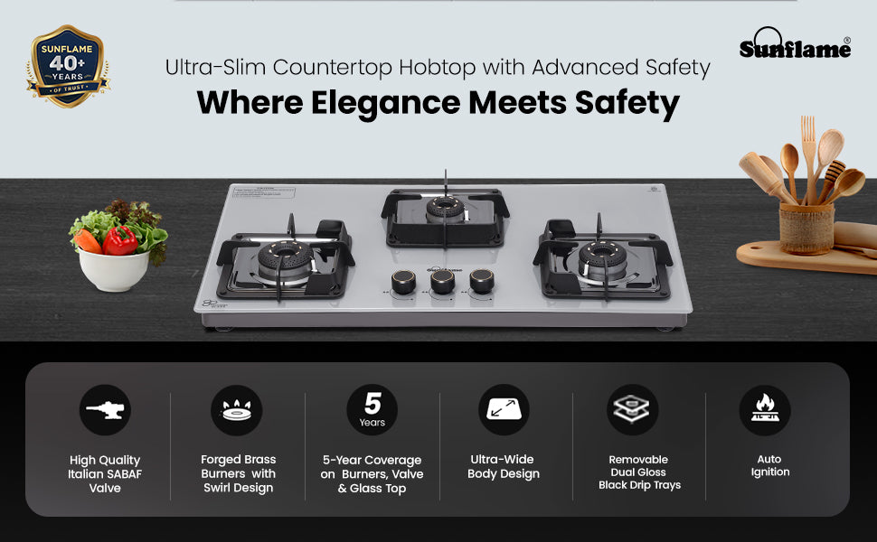 SUNFLAME 3 Burner Ultra-Slim Countertop Hob 80 cm Wide | Italian SABAF Valve | Auto Ignition