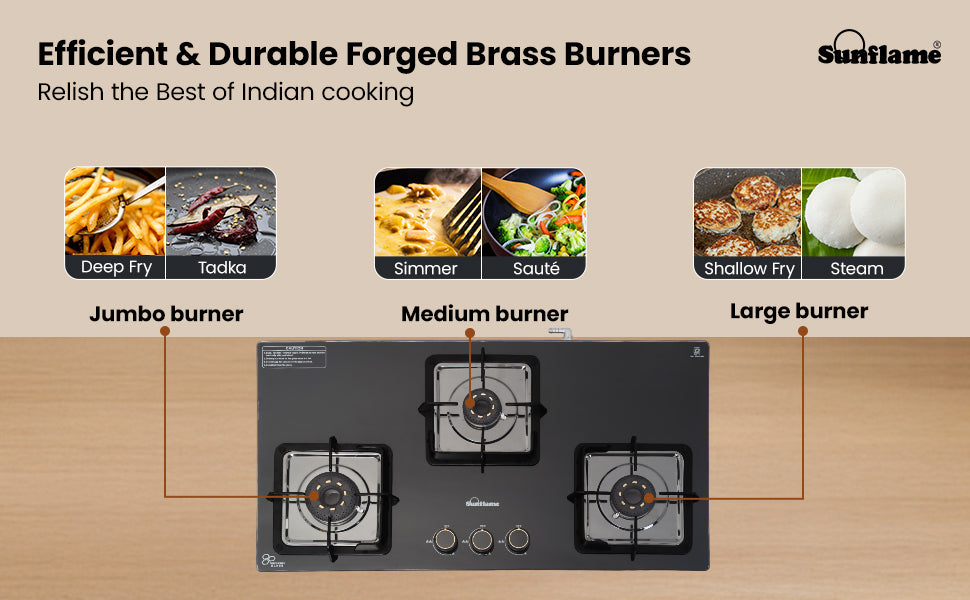 SUNFLAME 3 Burner Ultra-Slim Countertop Hob 80 cm Wide | Italian SABAF Valve | Auto Ignition