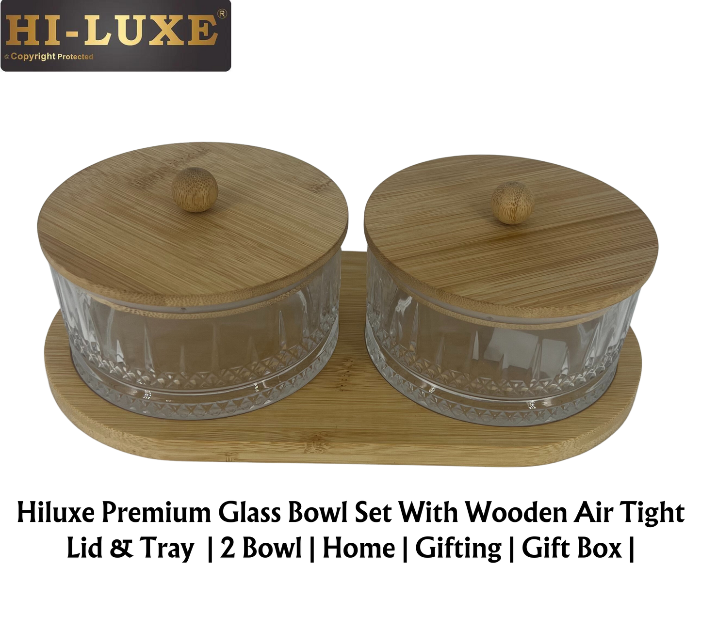 Hiluxe Premium Glass Bowl Set | Dry Fruit | With Wooden Lid & Tray | 2 Bowl | Home | Gifting | Gift Box | - Premium Dry Fruit Set from Hiluxe - Just Rs. 999! Shop now at Surana Sons
